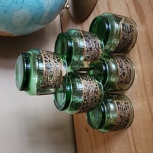 Vintage emerald green and gold low ball tumblers